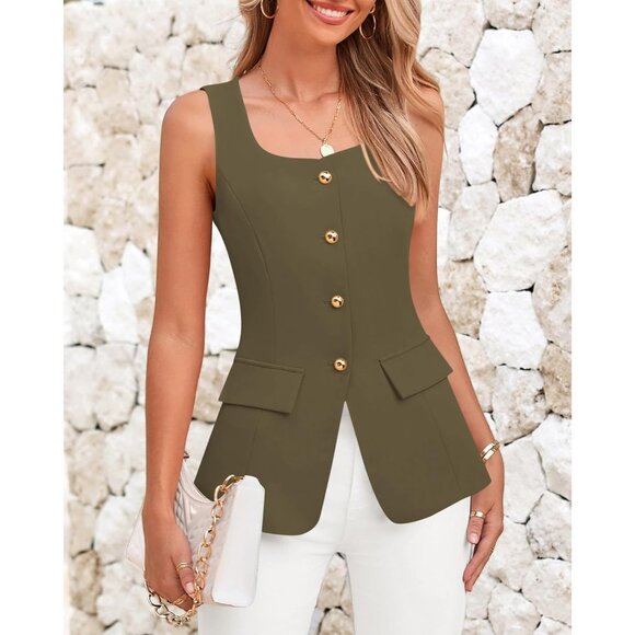 Women's Army Green Sleeveless Suit Vest Dressy Casual Square Neck Business Work - Picture 6 of 6